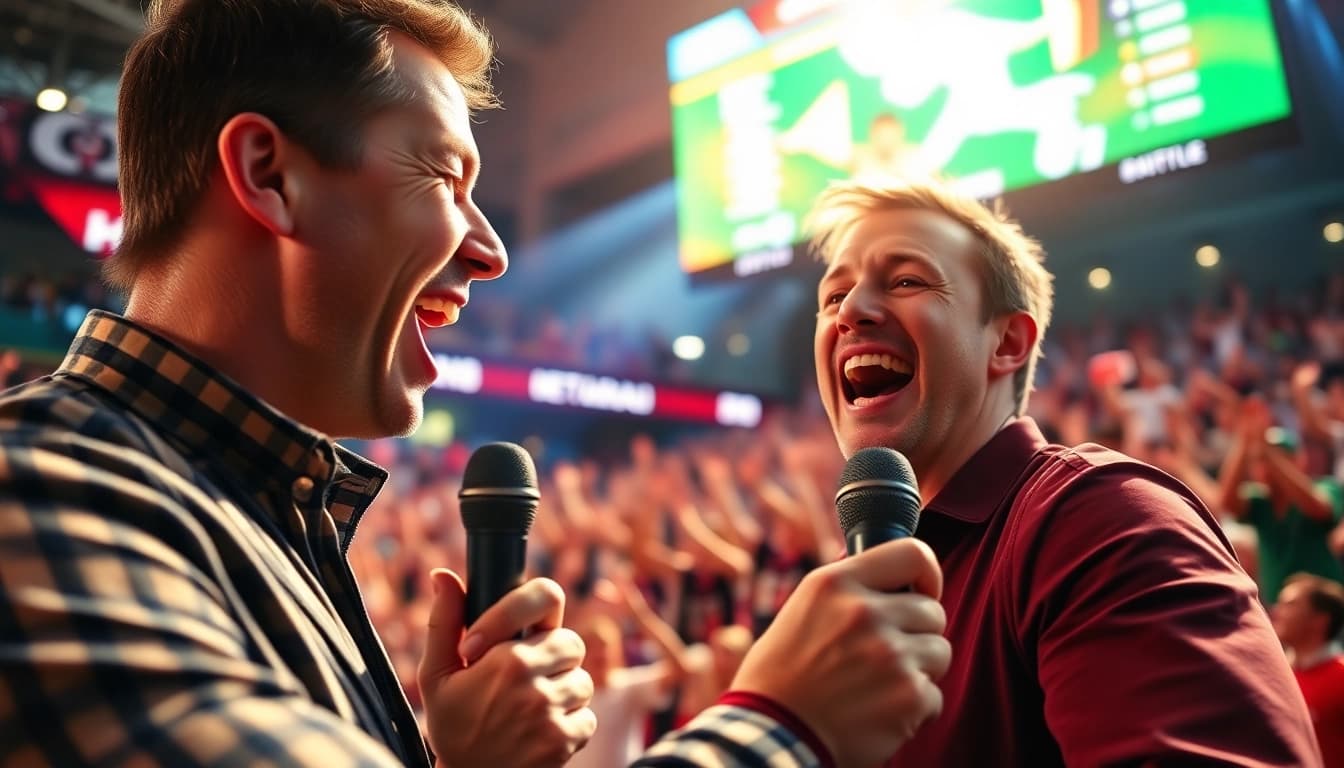 Excited announcer delivering Sports Broadcasting insights amidst cheering fans and bright lights.