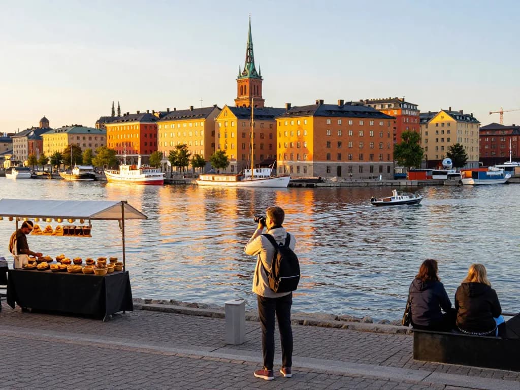 Entdecken Sie den Reiz von Reisetipps Stockholm mit einem lebhaften Sonnenuntergangsblick am Ufer, der einen Reisenden zeigt, der die Sehenswürdigkeiten genießt.