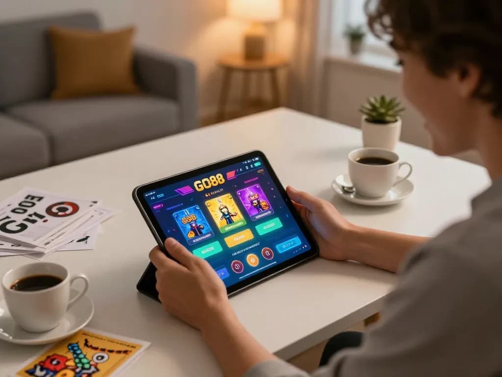 Engaged player using GO88 app on tablet in a cozy home setting, uniting strategy and fun.