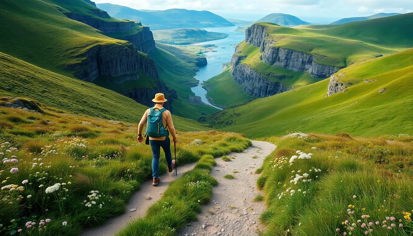 Wanderer auf dem Kerry Way Irland, mit atemberaubendem Landschaftshorizont und grünem Hintergrund.