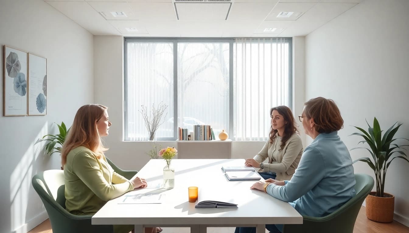 Professionelle Unternehmensberatung für Pflegeeinrichtungen: Experten besprechen Strategien in einem hellen Büro.