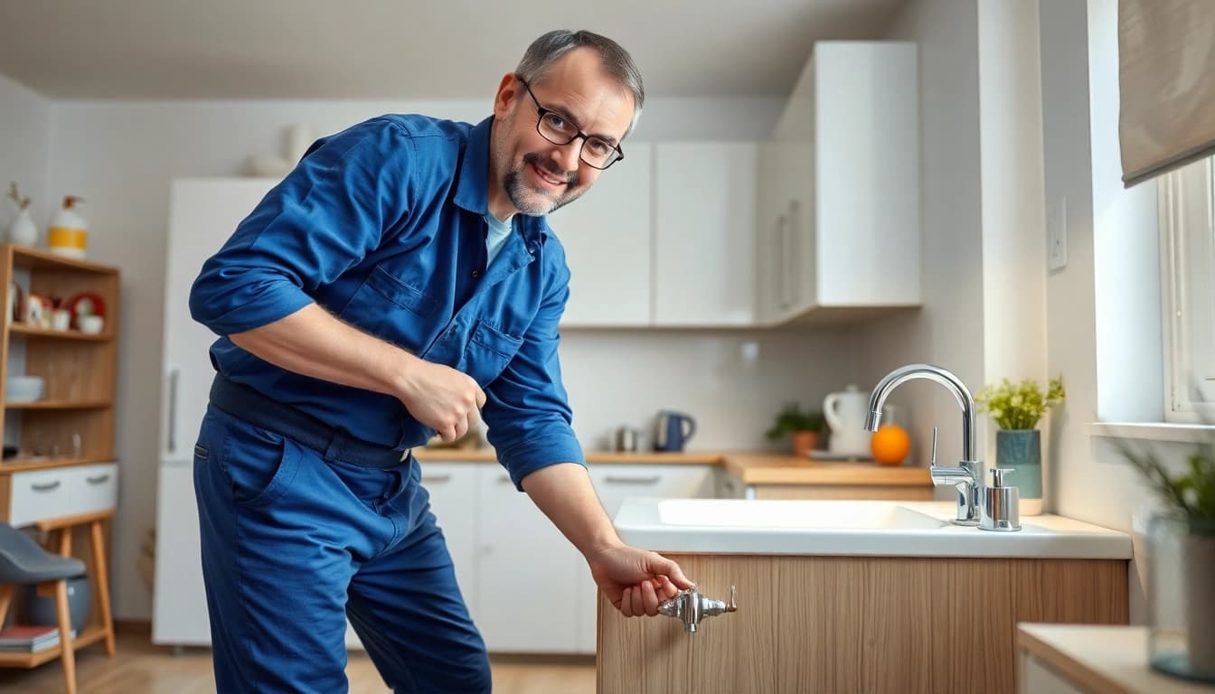 Sanitär Notdienst-Techniker repariert einen Wasserrohrbruch in einer modernen Küche.