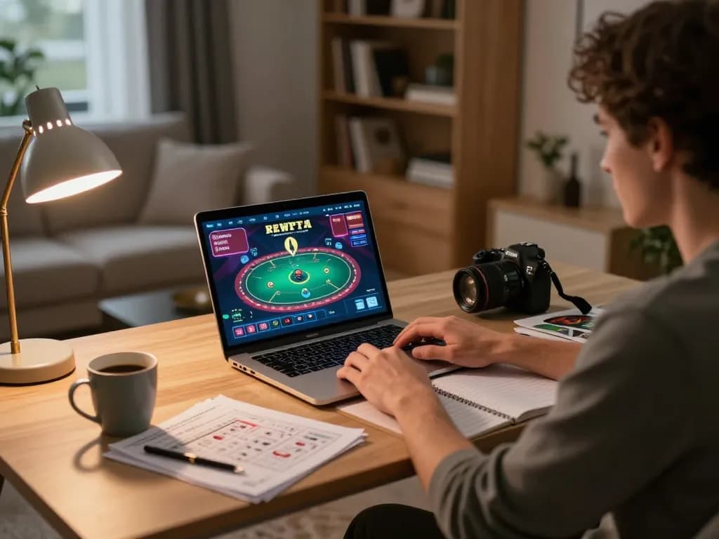 Engaging in online casino gameplay, Plagiat scannen on a laptop amidst cozy home decor.