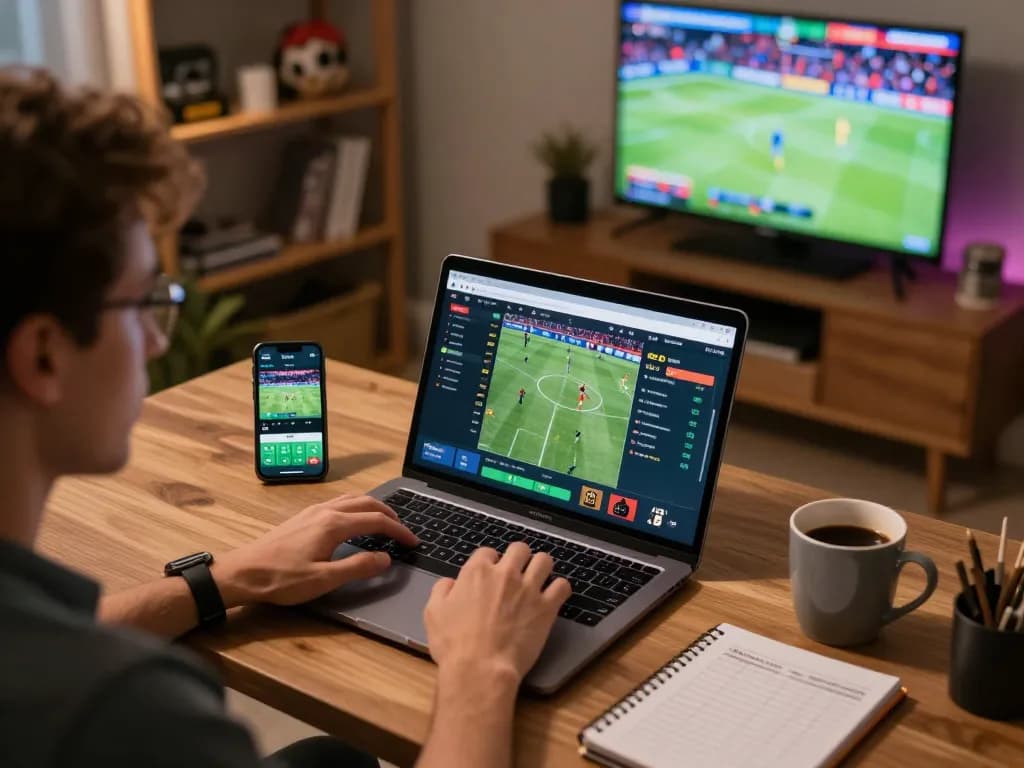 Person placing bets on fabet using a laptop and smartphone in a cozy home office.