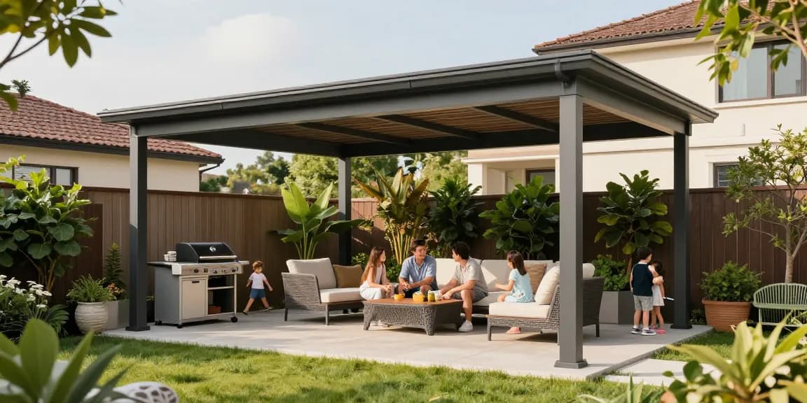 Freistehende Terrassenüberdachung im Garten mit Familie, die den sonnigen Tag genießt.