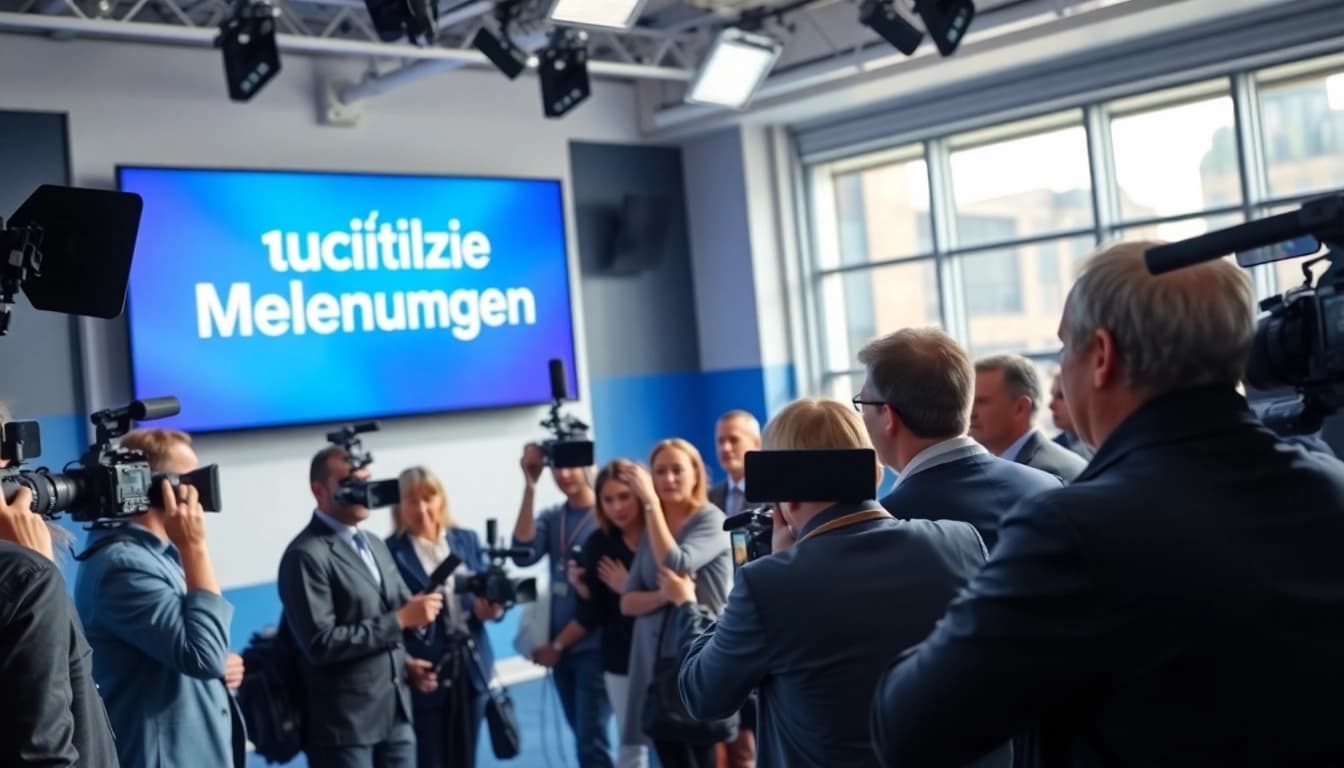 Aktuelle Meldungen im lebhaften Nachrichtenraum mit Reportern bei Interviews.