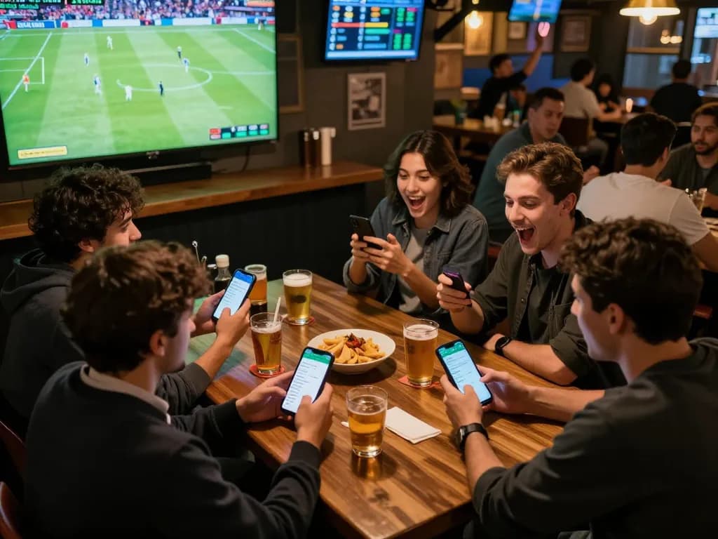 Friends enjoying a live sports betting experience while using keonhacaii app on their phones in a sports bar.