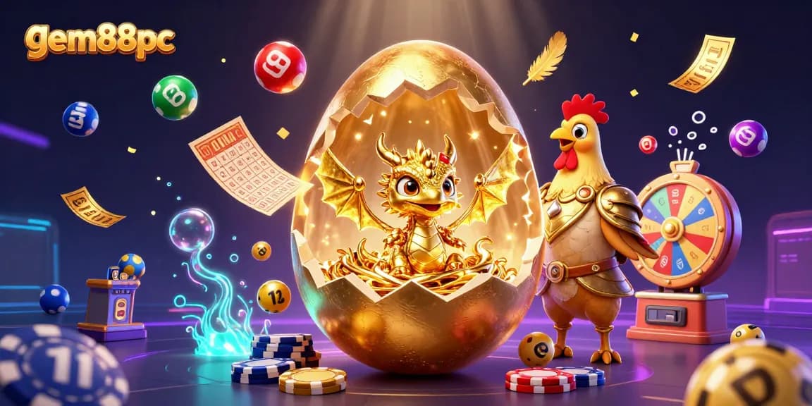 Experience thrilling gameplay at gem88pc with a golden dragon amid poker chips and vibrant lottery elements