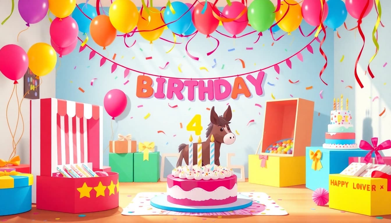 Kreative Spielideen für Kindergeburtstag 4 Jahre mit bunten Dekorationen im Hintergrund.