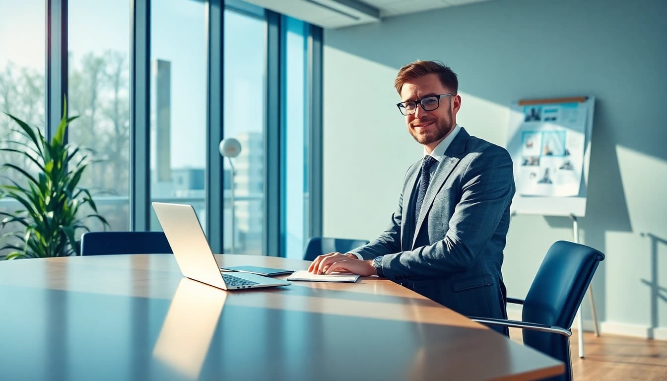 Headhunter IT berät Klienten in einem modernen Büro mit Laptop und Notizen.