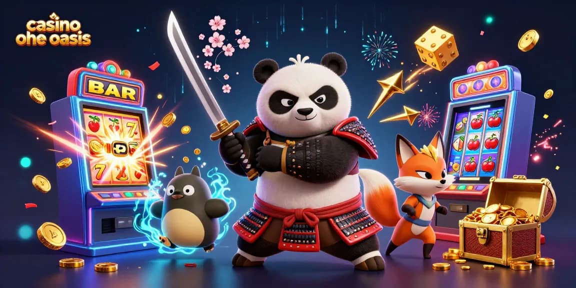 Experience excitement at casino ohne oasis with a dynamic illustration of a samurai panda, ninja fox, and spirit tanuki amidst vibrant casino elements.