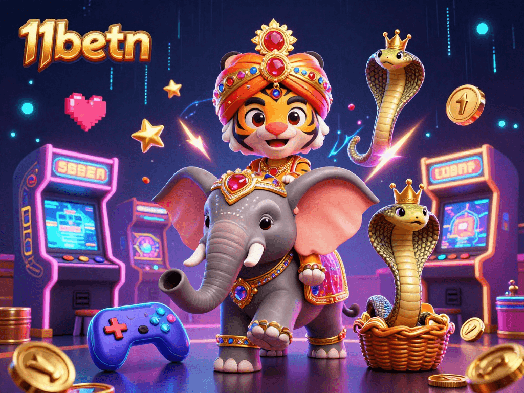 Engage with 11betn's vibrant gaming atmosphere featuring a royal tiger and jewel-adorned elephant.