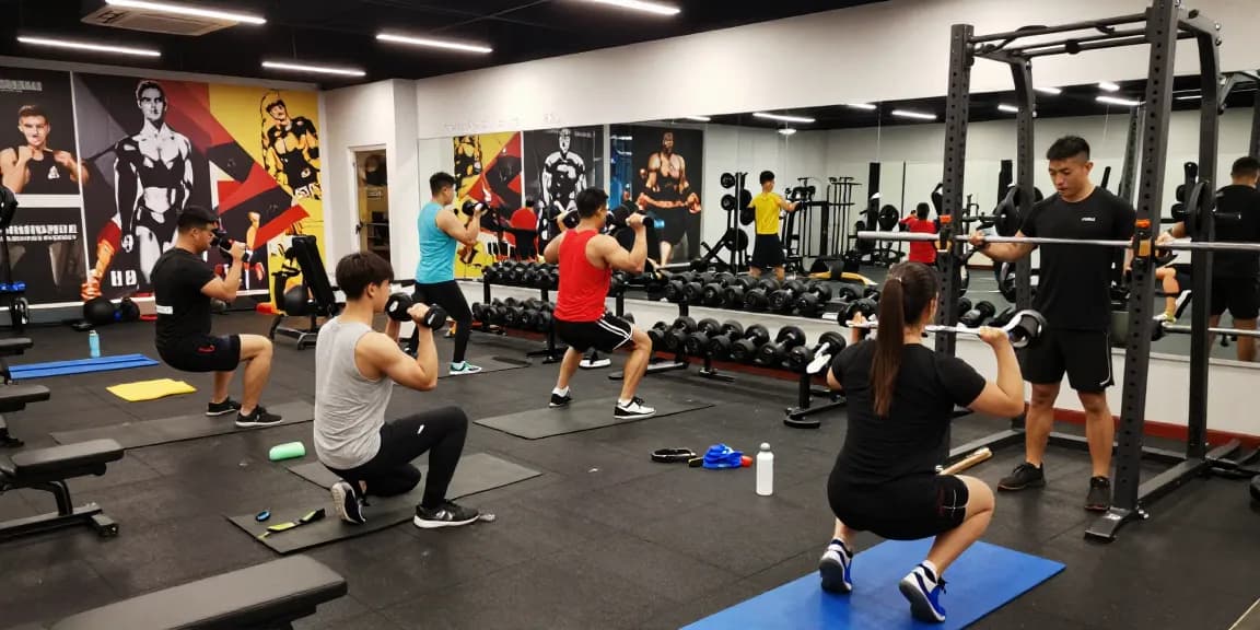 Bodybuilder trainieren im Steroidshop Fitnessstudio und zeigen Fitnessgeräte sowie eine energiegeladene Atmosphäre.