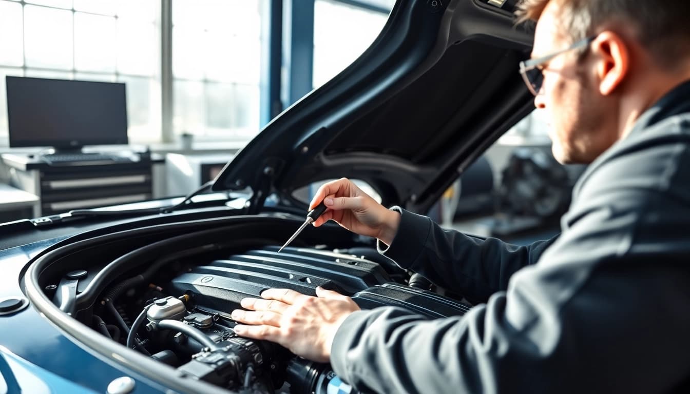 Der BMW Spezialist bei der präzisen Arbeit an einem BMW-Motor vermittelt Fachkompetenz.