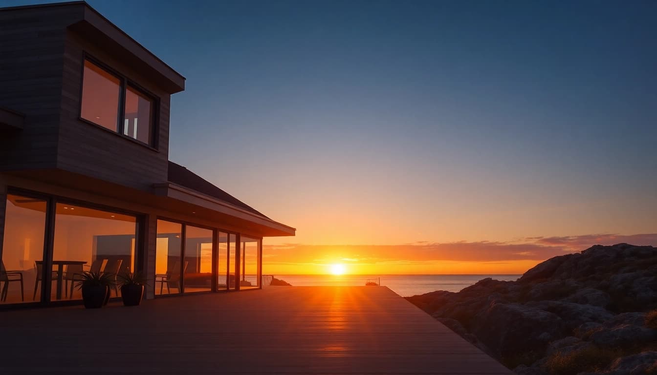Visualisieren Sie nordzypern immobilien erfahrungen in einem modernen Küstenhaus mit traumhaftem Sonnenuntergang.