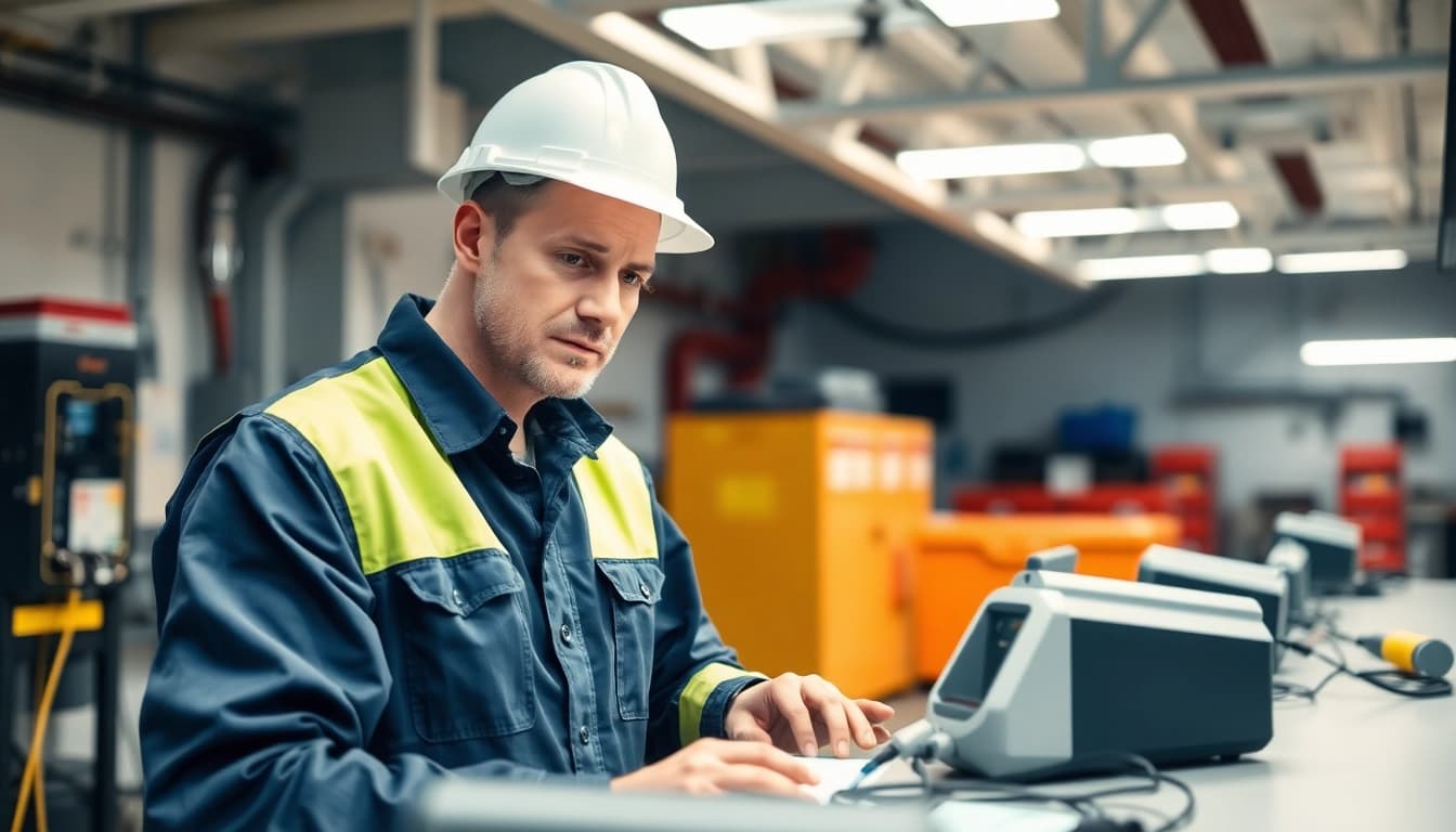 Techniker bei der DGUV V3 Prüfung: Inspektion elektrischer Geräte zur Gewährleistung der Sicherheit am Arbeitsplatz.