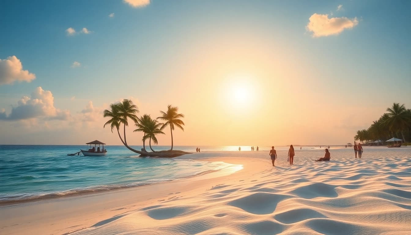 Erholsame Fernreisen am tropischen Strand mit Palmen und Sonnenuntergang.