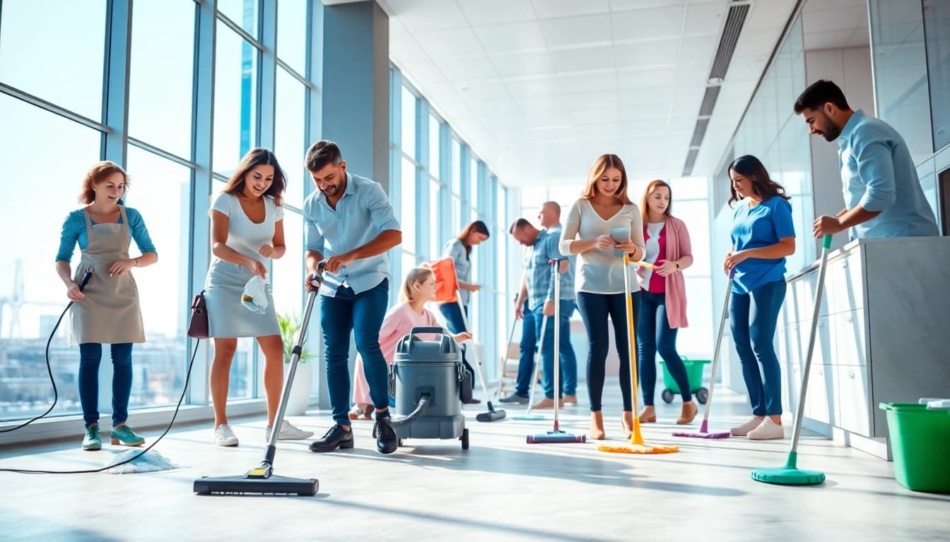 Professionelle Gebäudereinigung Ulm mit einem Team, das in einem modernen Büro arbeitet.