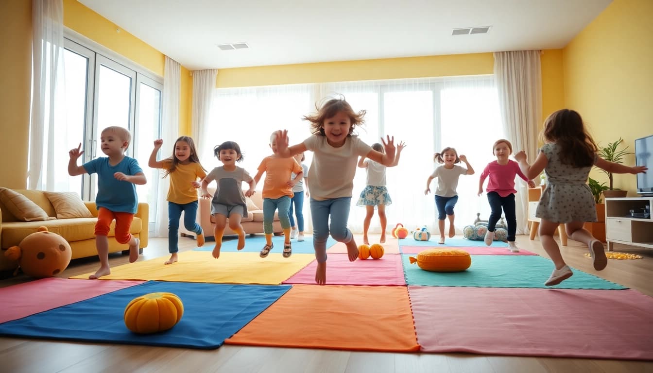 Kinder spielen lebhafte Bewegungsspiele drinnen, um mehr dazu lesen.