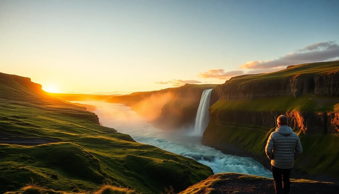 Beeindruckender Wasserfall Gullfoss während einer Reise nach Island, erleuchtet von der warmen Abendsonne.