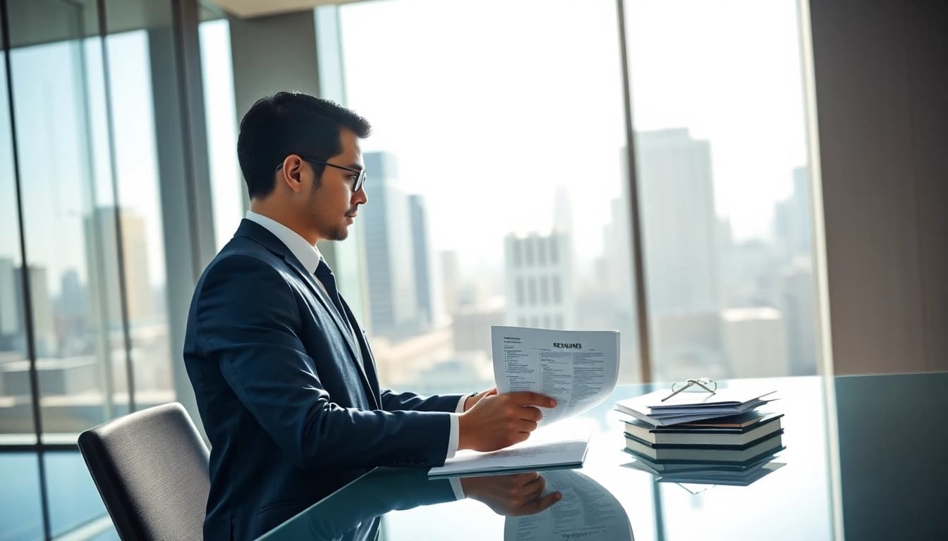 Headhunter Schweiz bei der Arbeit in einem modernen Büro mit urbanem Hintergrund.