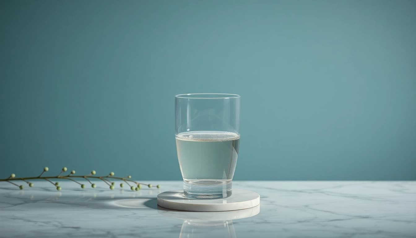 Kolloidales Silber kaufen: Eleganter Glasbehälter mit Silber und grünem Hintergrund.