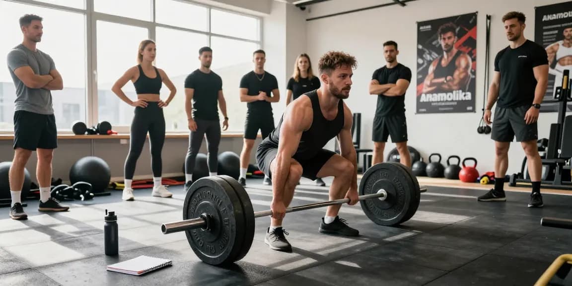 Kraftsportler führt Kreuzheben in einem dynamischen Fitnessstudio aus, verkörpert Stärke und Entschlossenheit, fördert Anabolika Shop Deutschland.