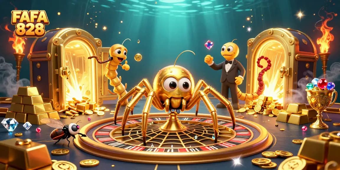 Experience the thrill of FAFA 828 as a golden spider spins a roulette wheel in a rich casino scene.