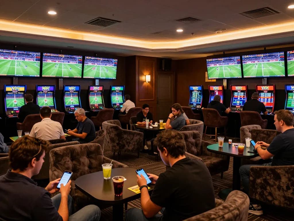 F168 sports betting lounge filled with enthusiastic bettors engaged in live wagering activities.