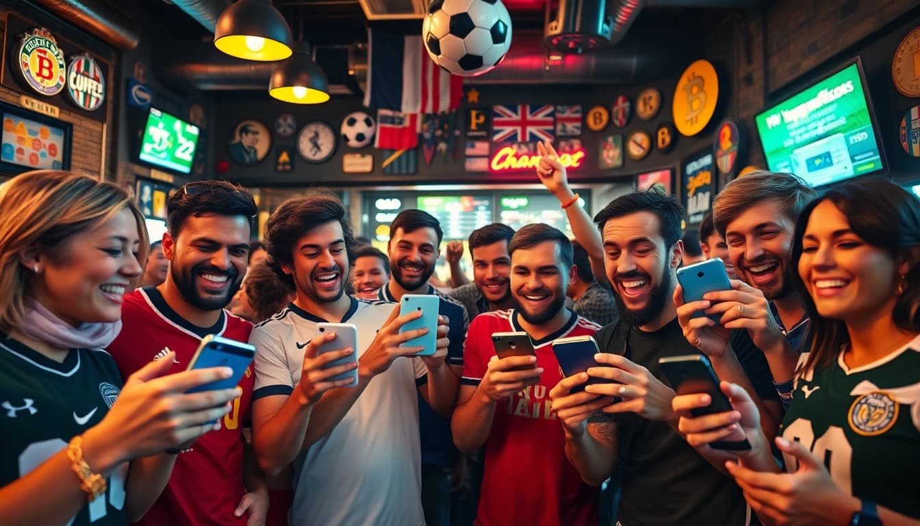 Explore exciting football betting sites that accept bitcoin through fans celebrating in a lively sports bar.