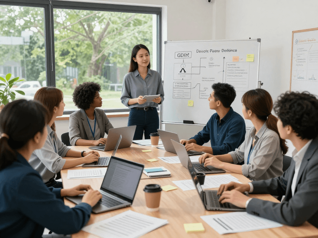 Soziale Einrichtungen bei einer Besprechung zu Datenschutz und Barrierefreiheit, Fachkräfte diskutieren Strategien.