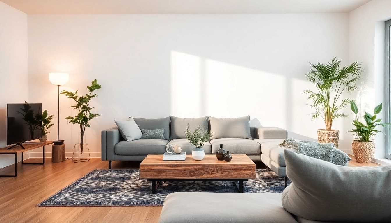 Raumgestaltung eines eleganten Wohnzimmers mit modernen Möbeln, sanften Farben und stilvoller Wandgestaltung.