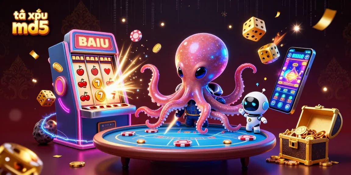 Engage in the thrilling world of tài xỉu md5 with an alien octopus operating a holographic poker table surrounded by dynamic casino elements.