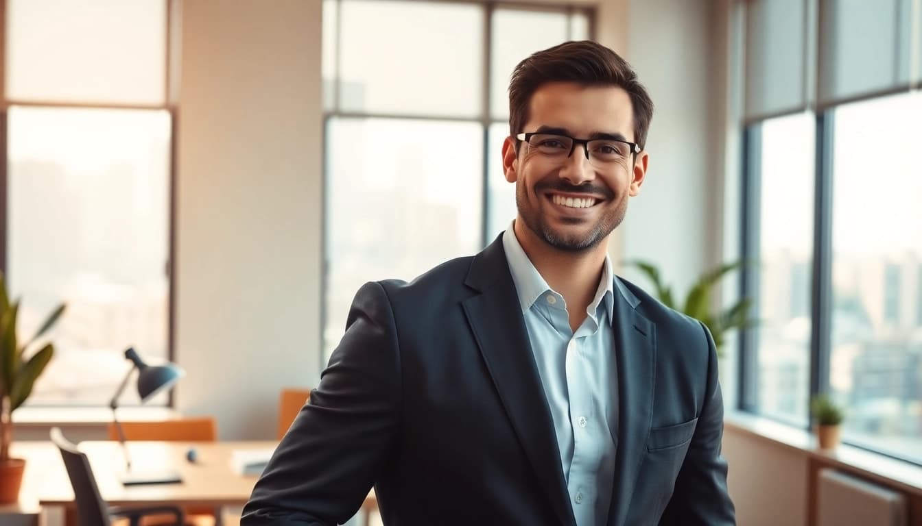 Professionelles Business Portrait München eines lächelnden Geschäftsführers in moderner Büroumgebung.