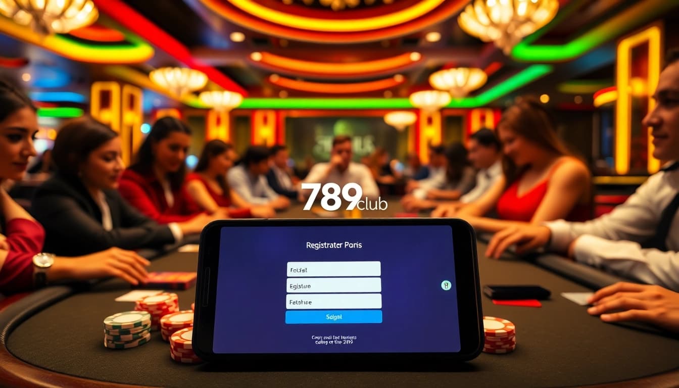 Engaging scene of players registering on 789club while enjoying classic poker at a casino table, emphasizing excitement.