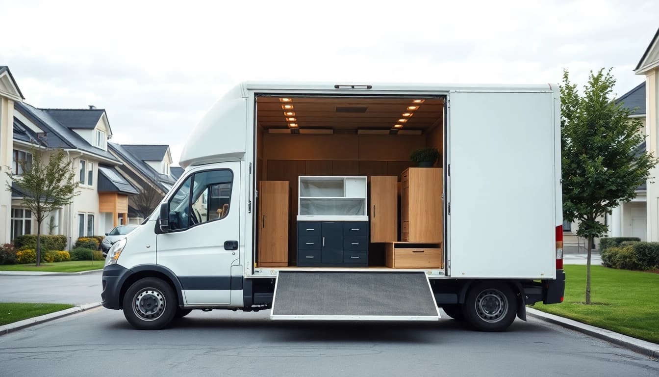 Professionelle Umzugscrew des umzugsunternehmen saarbrücken beim Verladen von Möbeln in einen Transporter.