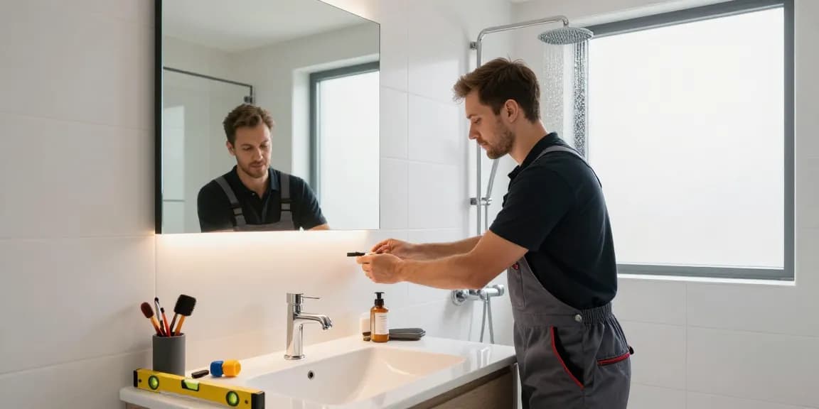 Badkamermeubel plaatsen kosten getoond door een professional die een eigentijdse wastafel installeert in een stijlvolle badkamer.