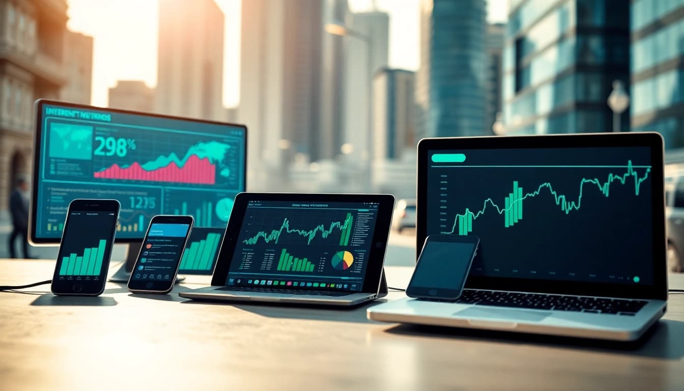 Informative visual representation der Internet Trends mit Geräten und Statistiken, die Innovation veranschaulichen.