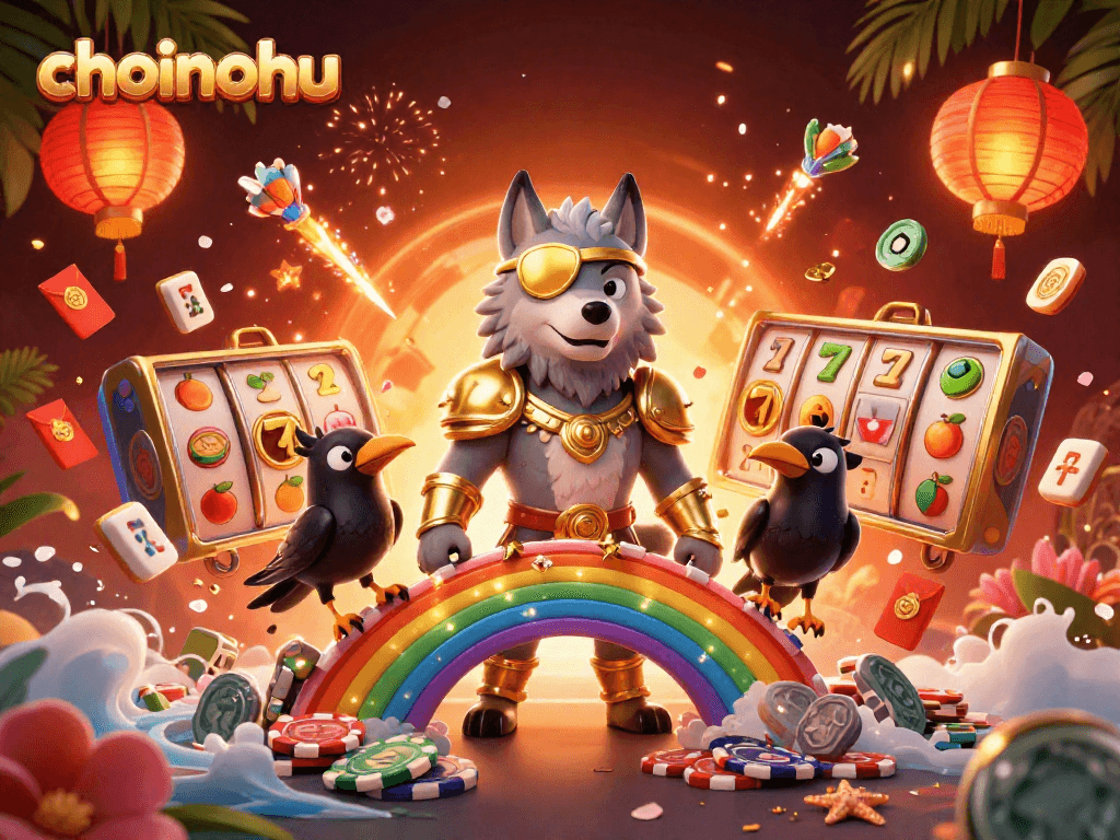 Experience the thrill of choinohu with Norse-inspired characters above vibrant casino elements.