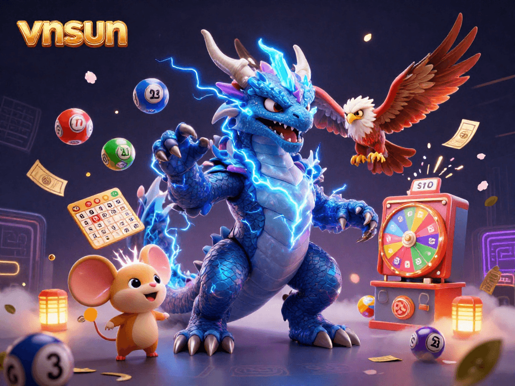 Experience dynamic gambling action with the vnsun brand in this vibrant 3D digital illustration.