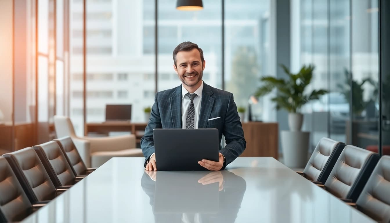 Professioneller Headhunter Geschäftsführer berät zufriedenen Kunden in modernem Büro, strahlend und kompetent.