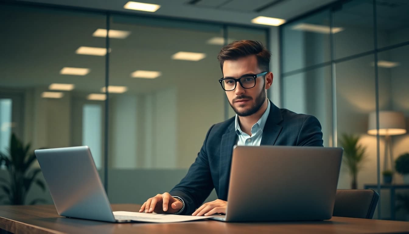Bewerbungstraining: Fokussierter Bewerber in einer modernen Büroumgebung, bereit für das Vorstellungsgespräch.