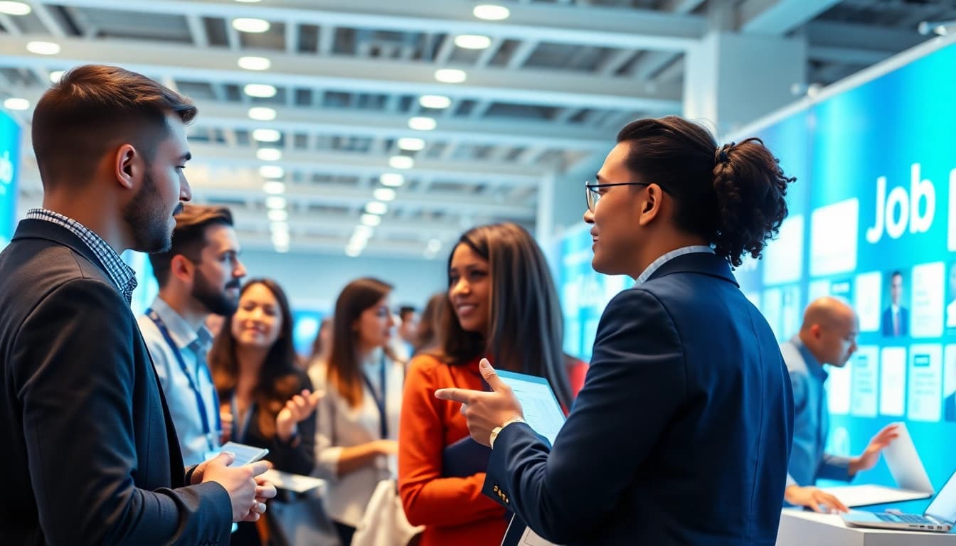 Engaging job seekers explore Stellenangebote at a professional job fair, connecting with potential employers.