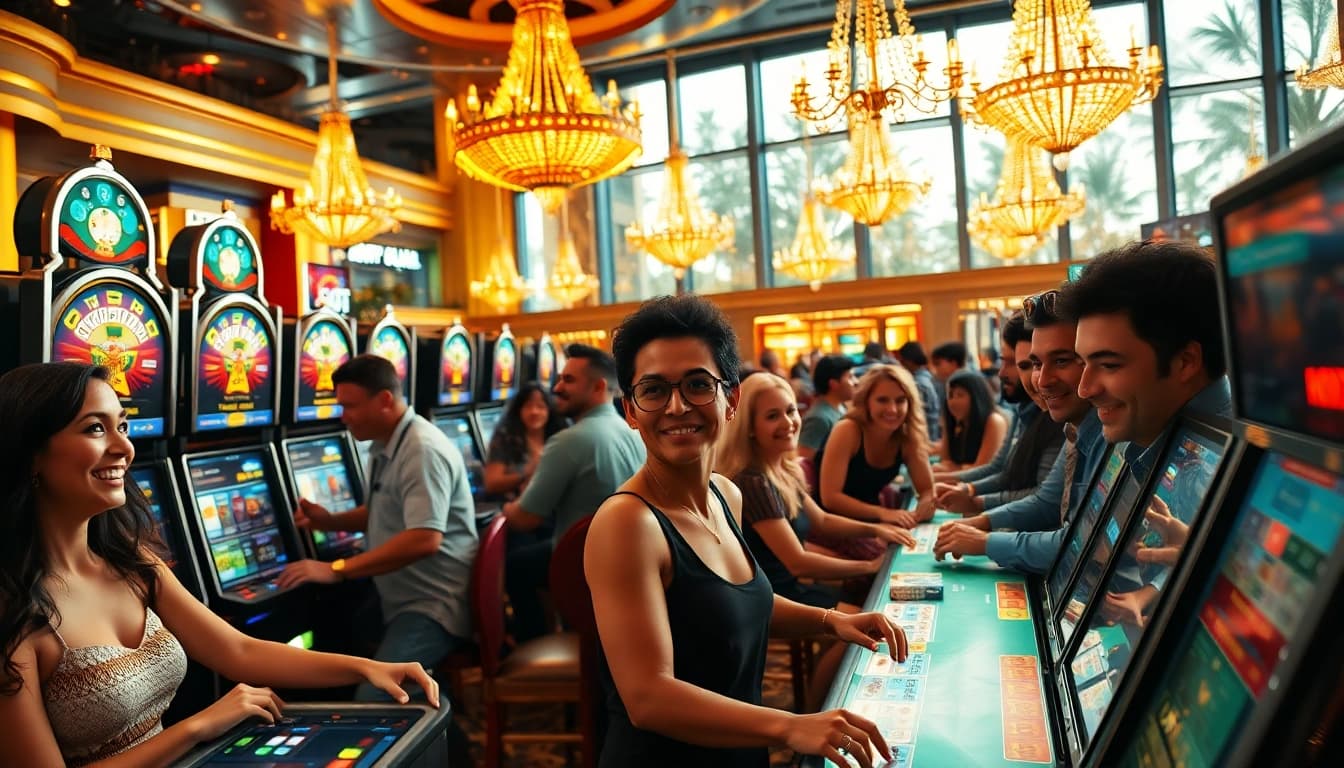 Spielen Sie Casino Spiele.de mit fröhlichen Spielern in einem lebhaften Kasino.
