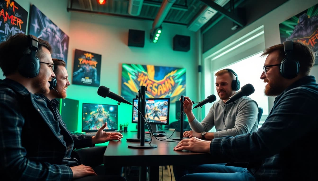 Gaming Podcast hosts engaged in lively discussion in a colorful studio setting.