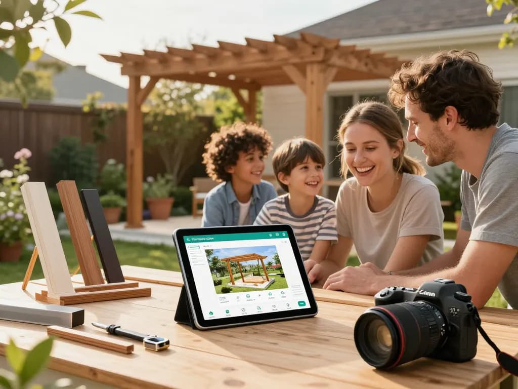 Familie nutzt eine Pergola-Konfigurator-App, um ihre maßgeschneiderte Außenstruktur in einem sonnigen Garten zu entwerfen.