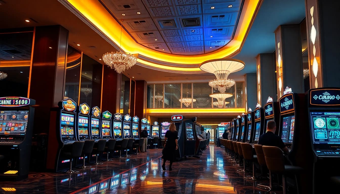 Erlebe den Casino Bonus in einem lebhaften Casino mit eleganten Spielautomaten und geladenen Gästen.