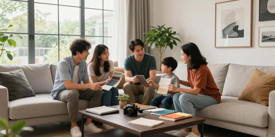 Eine Familienbesprechung über stilvolle Möbeloptionen genießen, während sie in einem gemütlichen Wohnzimmer nach möbel günstig kaufen suchen.