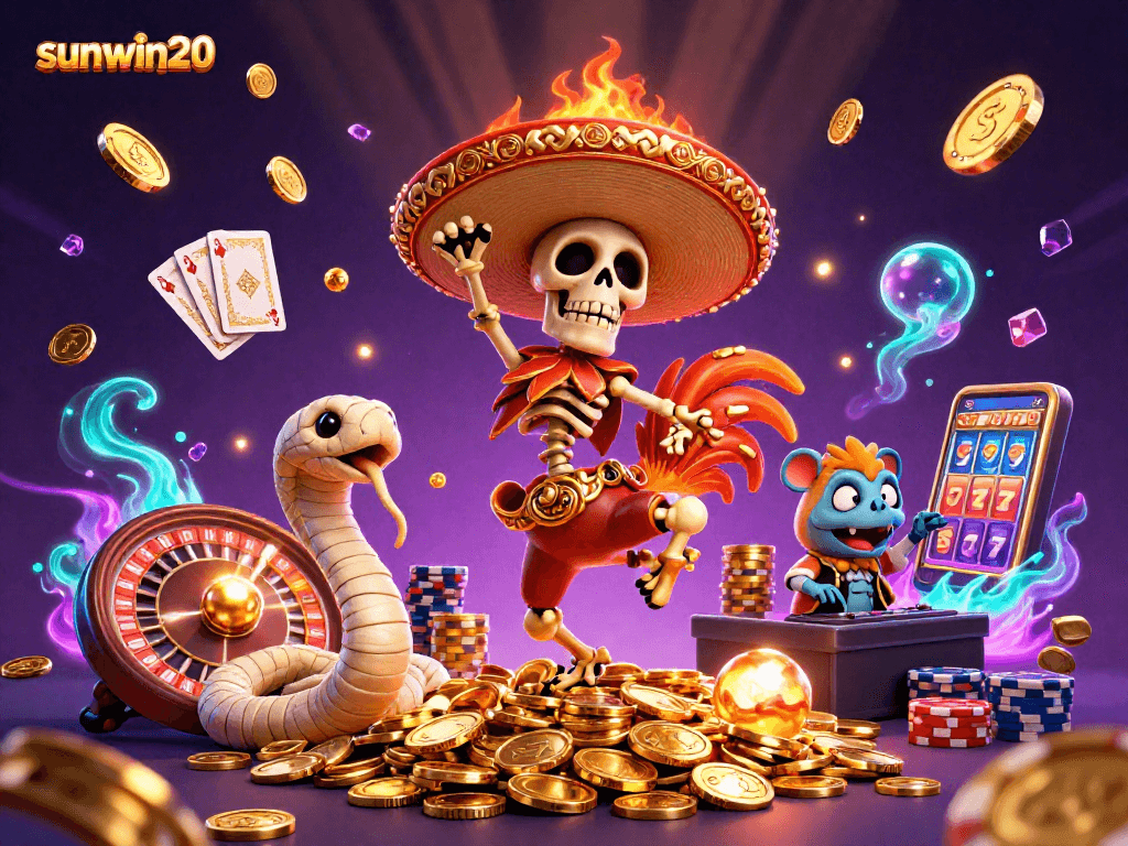 Embark on exciting adventures with sunwin20 as a cartoon skeleton mariachi rooster dances on golden coins amidst dynamic casino elements.