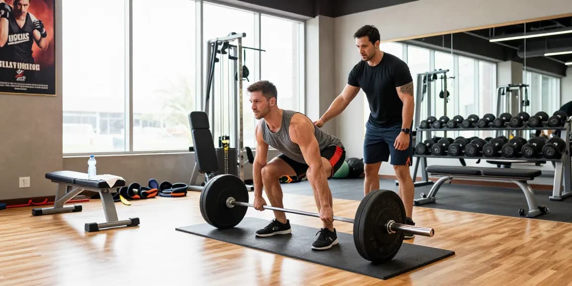 Anabolika Shop gym scene with an athletic man deadlifting, showcasing fitness equipment and bright natural light.